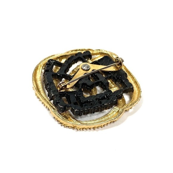 Gold Tone Emerald Green Rhinestones Vintage Brooch Double Layered FLAW - Picture 5 of 10